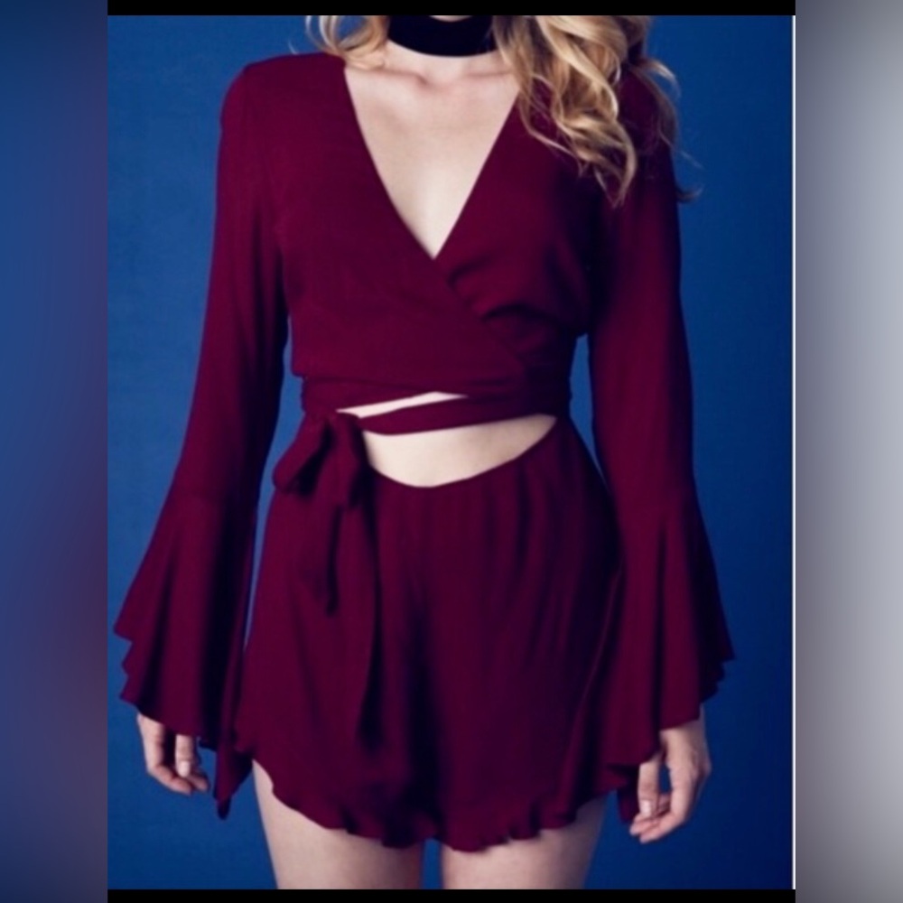 Cotton Candy Romper Low Cut Revealing  Long Balloon Sleeves in Dark Plum size S